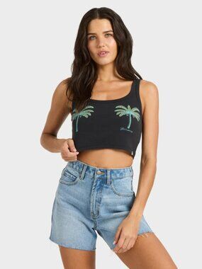 NWOT Billabong Tank Top Women's XL Black Crop Palm Graphic Sleeveless Cotton